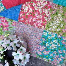 Load image into Gallery viewer, Available now: baby quilt, bright, scrappy look, floral, dogwood
