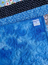 Load image into Gallery viewer, Available now: strips baby quilt, blue black ruby

