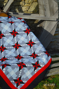 Luxury handmade modern quilt, gray red black quilt.