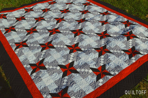 Luxury handmade modern quilt, gray red black quilt.