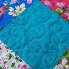 Load image into Gallery viewer, Available now: baby quilt, bright, scrappy look, floral, dogwood
