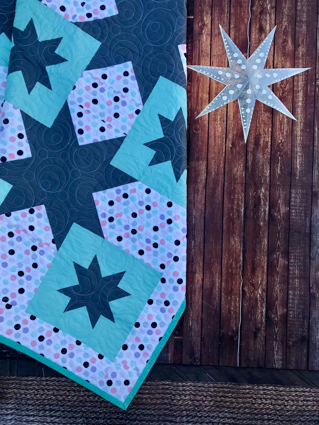 Available now: Mint and grey star quilt, throw size