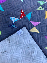 Load image into Gallery viewer, Available now: rainbow stars quilt dark grey background, Twin size
