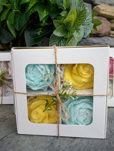 Soap gift box, flowers and strawberries.